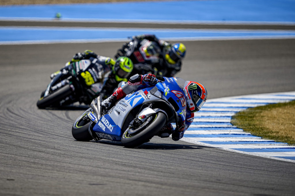 Alex Rins (42) leading Cal Crutchlow (35) and Johann Zarco (5). Photo courtesy Team Suzuki ECSTAR.