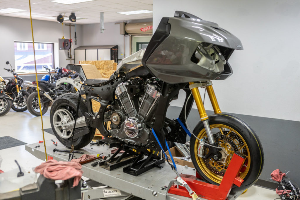 Tyler O’Hara’s S&S Cycle-backed Indian Challenger being transformed into a MotoAmerica “King of the Baggers” racebike. Photo courtesy Indian Motorcycle.