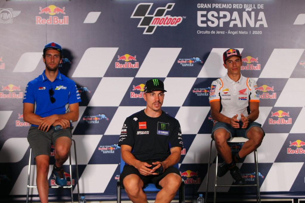 Alex Rins (left), Maverick Vinales (center), and Marc Marquez (right). Photo courtesy Dorna.