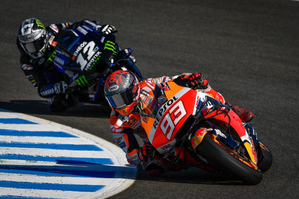 Marc Marquez (93) and Maverick Vinales (12) at Jerez. Photo courtesy Dorna/www.motogp.com.