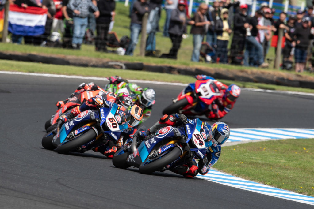 Toprak Razgatlioglu (54) leads Michael van der Mark (60), Scott Redding, Alex Lowes, and Leon Haslam (91) during a race at Phillip Island. Photo courtesy Yamaha.