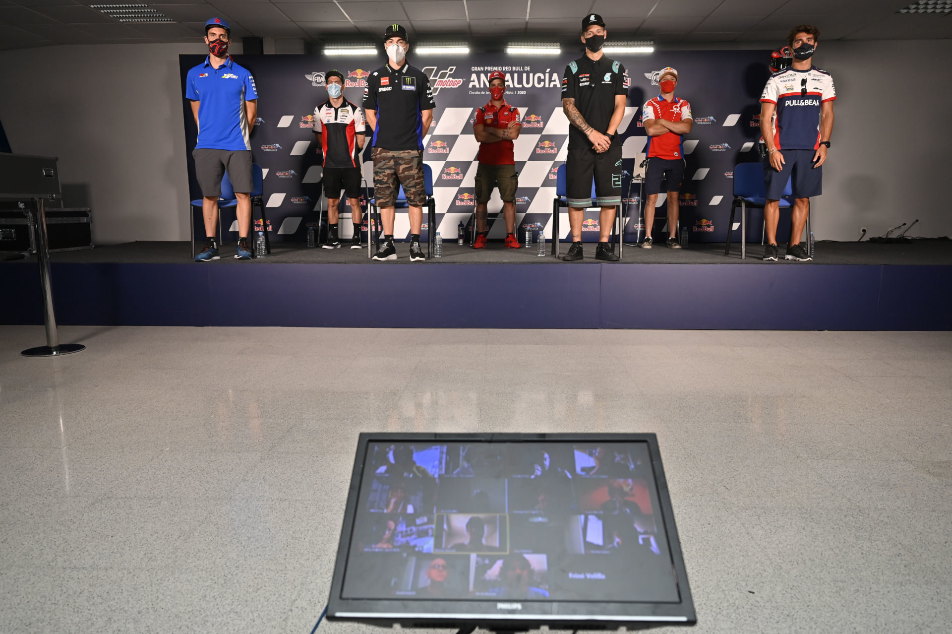 World Championship riders (from left) Alex Rins, Cal Crutchlow, Maverick Vinales, Andrea Dovizioso, Fabio Quartararo, Jack Miller, and Albert Arenas in the pre-event press conference at Jerez II. Photo courtesy Dorna.