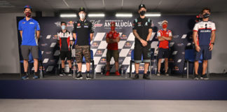 World Championship riders (from left) Alex Rins, Cal Crutchlow, Maverick Vinales, Andrea Dovizioso, Fabio Quartararo, Jack Miller, and Albert Arenas in the pre-event press conference at Jerez II. Photo courtesy Dorna.