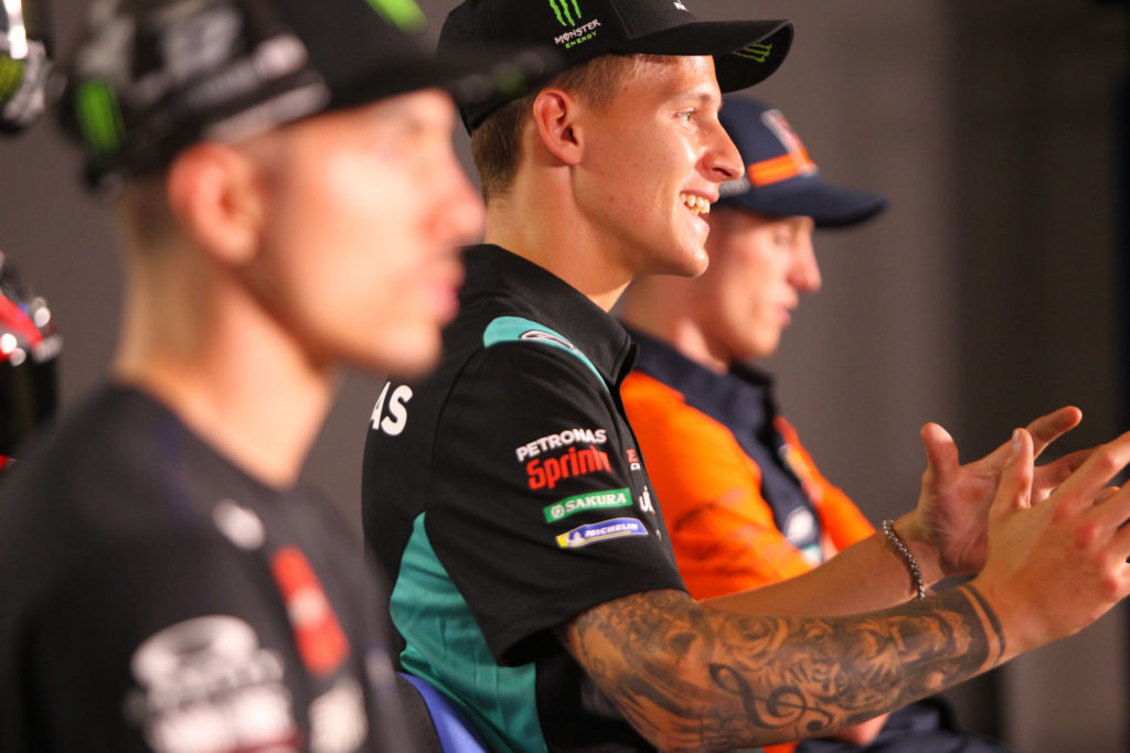 Maverick Vinales (left), Fabio Quartararo (center), and Pol Espargaro (right). Photo courtesy Dorna.