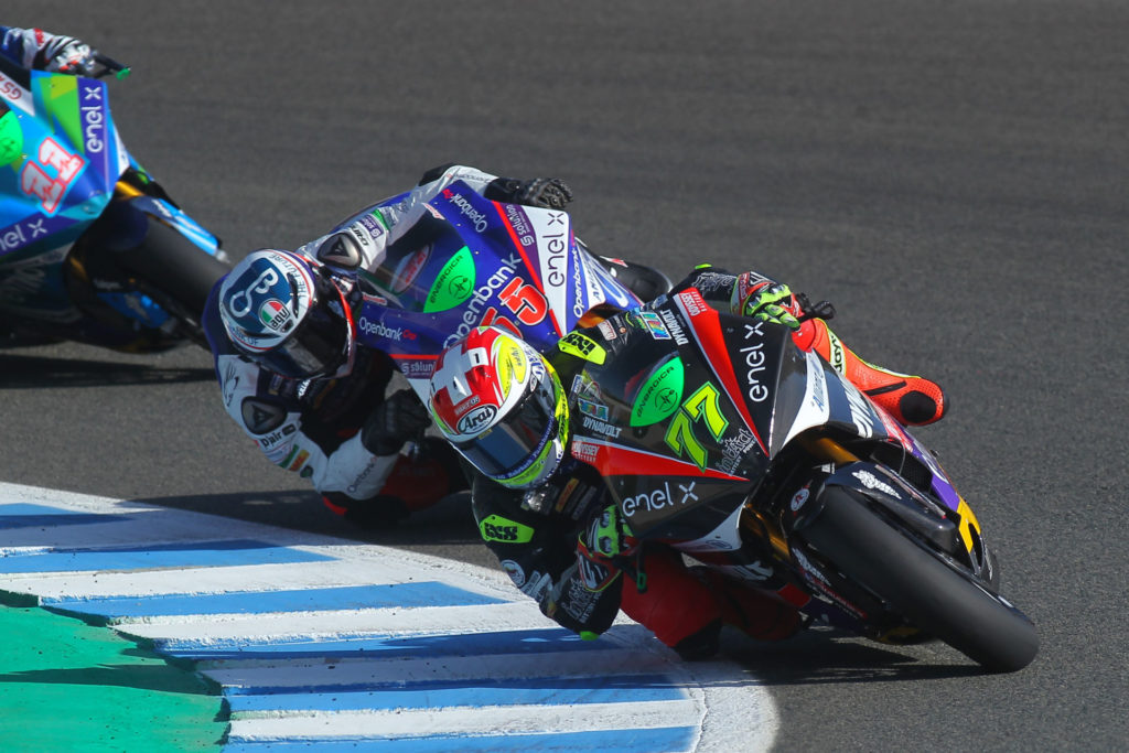 Dominique Aegerter (77) leading Alejandro Medina (55) and Matteo Ferrari (11) during the MotoE race at Jerez II. Photo courtesy Dorna.