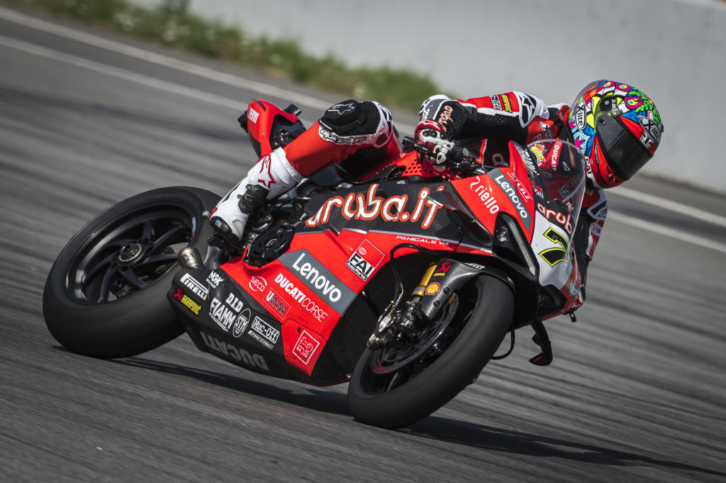 Chaz Davies (7) backs his Ducati into a corner during testing at Catalunya. Photo courtesy Ducati.