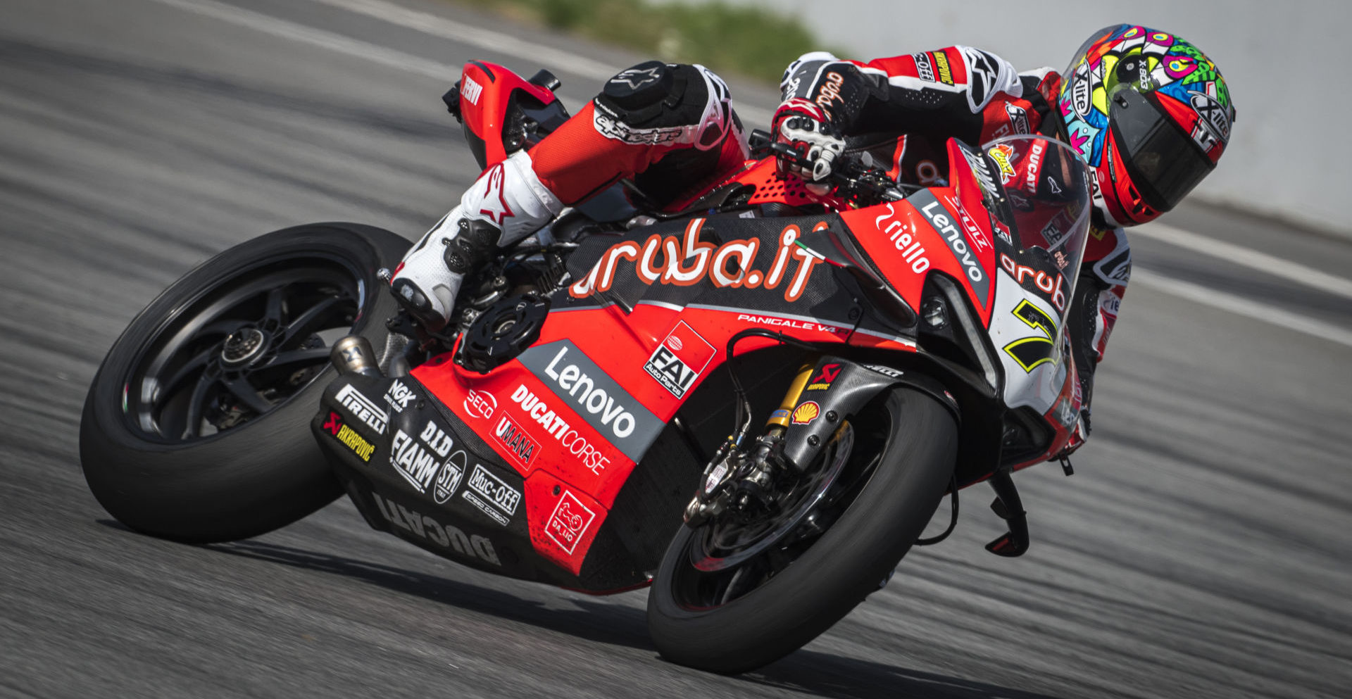 Chaz Davies (7) backs his Ducati into a corner during testing at Catalunya. Photo courtesy Ducati.