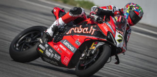 Chaz Davies (7) backs his Ducati into a corner during testing at Catalunya. Photo courtesy Ducati.