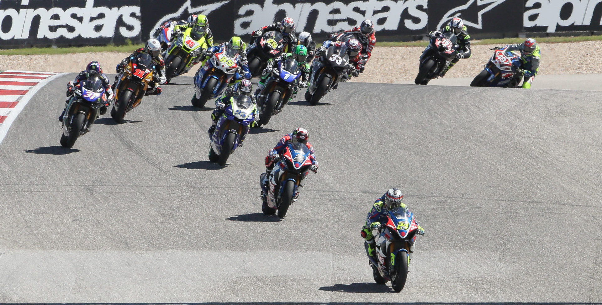 The start of MotoAmerica Superbike Race Two at COTA in 2019. Photo by Brian J. Nelson, courtesy MotoAmerica.