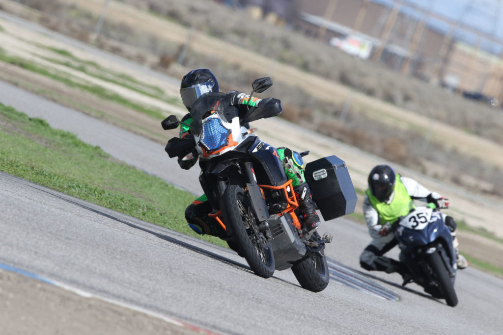 A participant and a control rider at a Let’s Ride Track Day event at Buttonwillow Raceway Park. Photo courtesy of Let’s Ride Track Days.