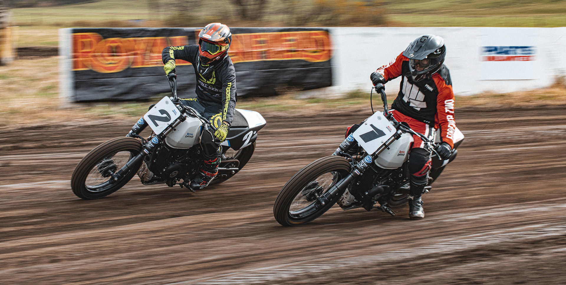Riders in action on the new Royal Enfield FT411, which will be used at the Slide School. Photo courtesy Royal Enfield North America.