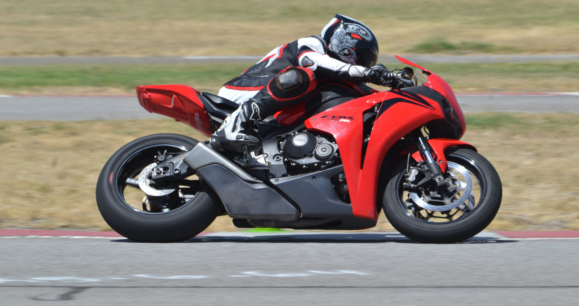 A rider participating in a track day at Auto Club Speedway, in Fontana, California. Photo by David Swarts.