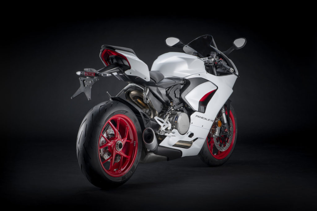 A rear shot of a Ducati Panigale V2 in White Rosso livery. Photo courtesy Ducati.