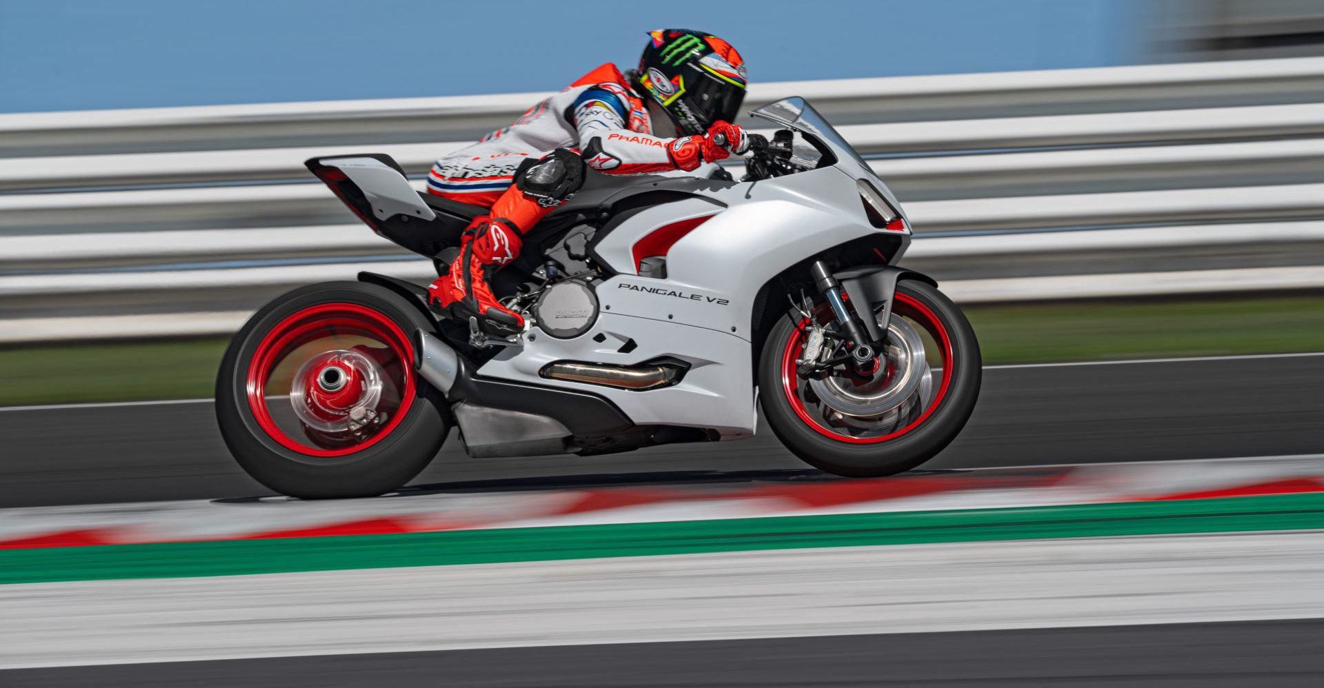 Francesco Bagnaia at speed on a Ducati Panigale V2 White Rosso at Misano. Photo courtesy Ducati.