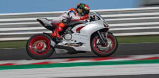 Francesco Bagnaia at speed on a Ducati Panigale V2 White Rosso at Misano. Photo courtesy Ducati.