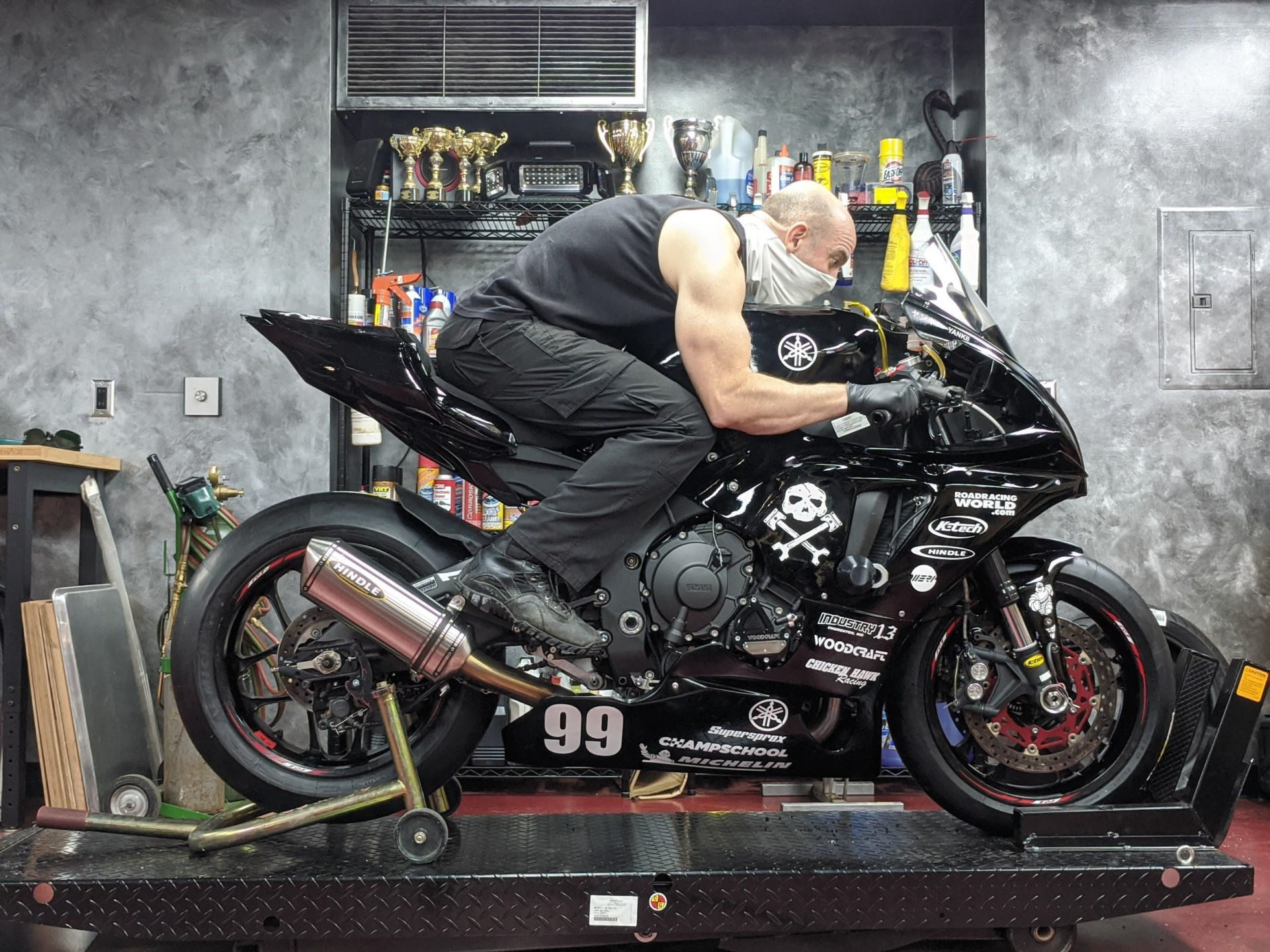 AOD Team Captain Sam Fleming tests the visibility of his endurance racebike's BNGs in an absolutely static position. Photo by Luci Schelbert, courtesy AOD.