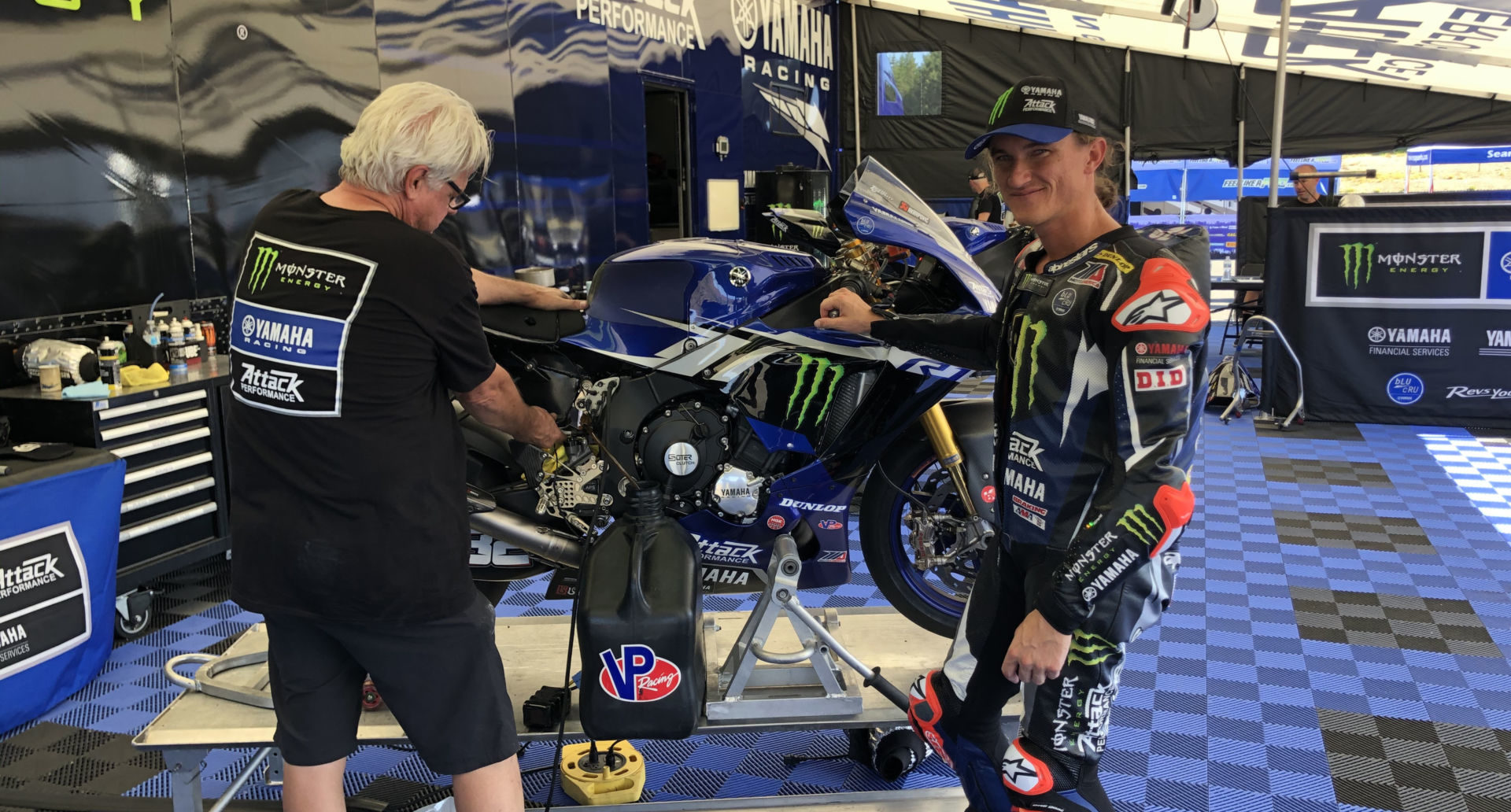 Monster Energy Attack Performance Yamaha rider Jake Gagne (right) with mechanic Mike Canfield (left) at Ridge Motorsports Park.