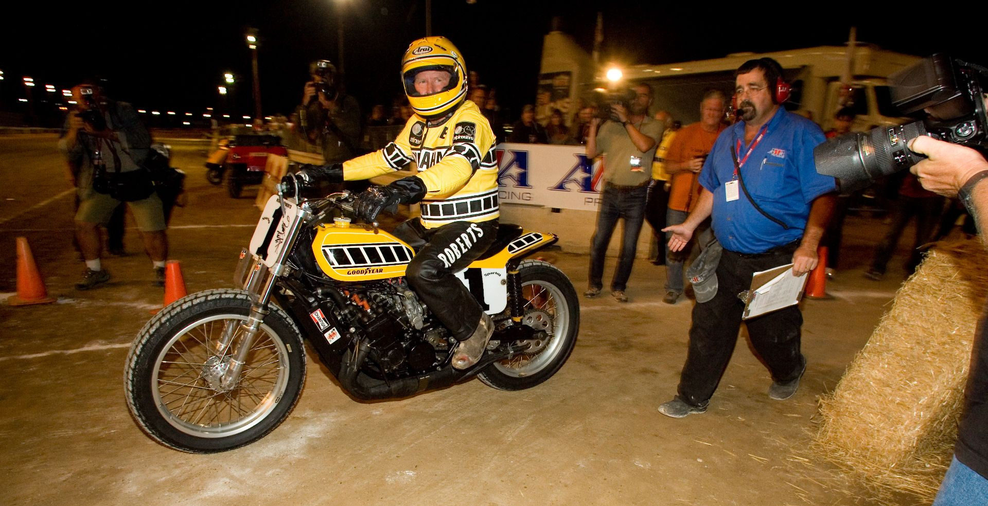 King Kenny Roberts heading out on track at the Indy Mile on a Yamaha TZ750-powered dirt tracker in 2009. Photo courtesy Yamaha.