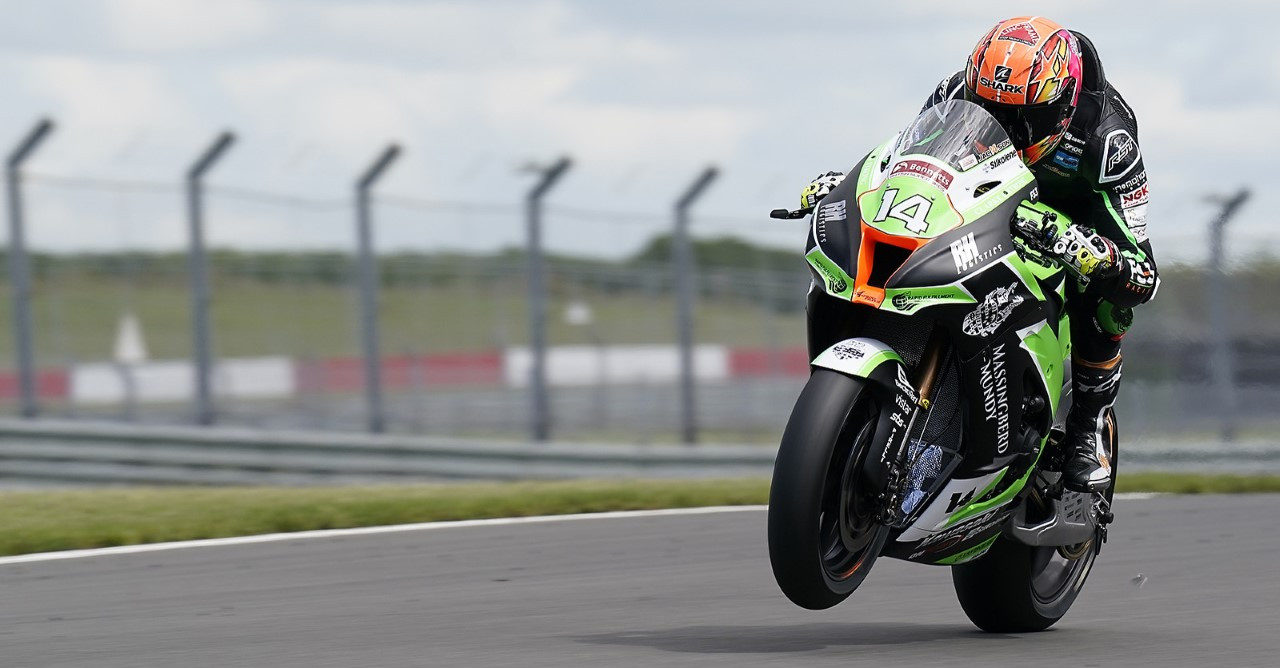 Lee Jackson (14) at the British Superbike test at Donington Park. Photo courtesy BSB/MSVR.