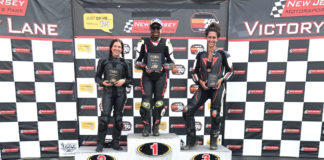 MotoGirlGT 500 Superbike race winner Mikayla Moore (center), runner-up Cassie Cuppek (left), and third-place finisher Michele Beneducci (right). Photo by Angela Izzo-Sink, courtesy MotoGirlGT.