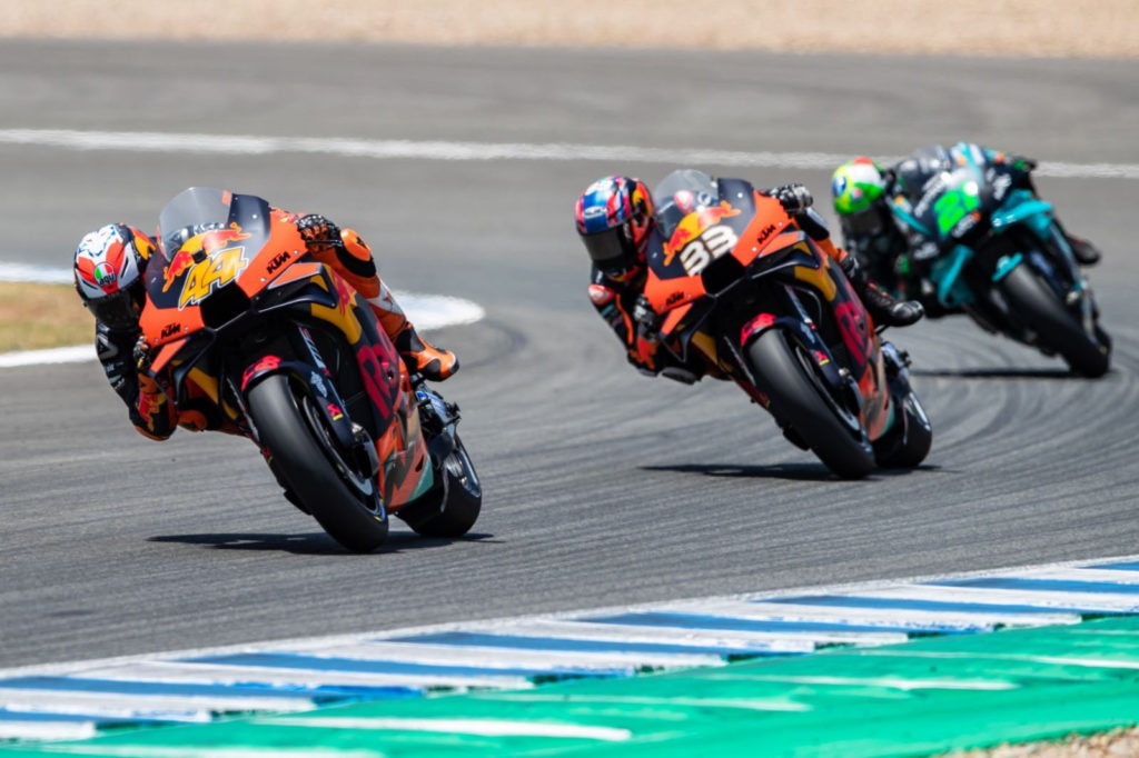 Pol Espargaro (44), Brad Binder (33), and Franco Morbidelli (21). Photo courtesy Red Bull KTM.