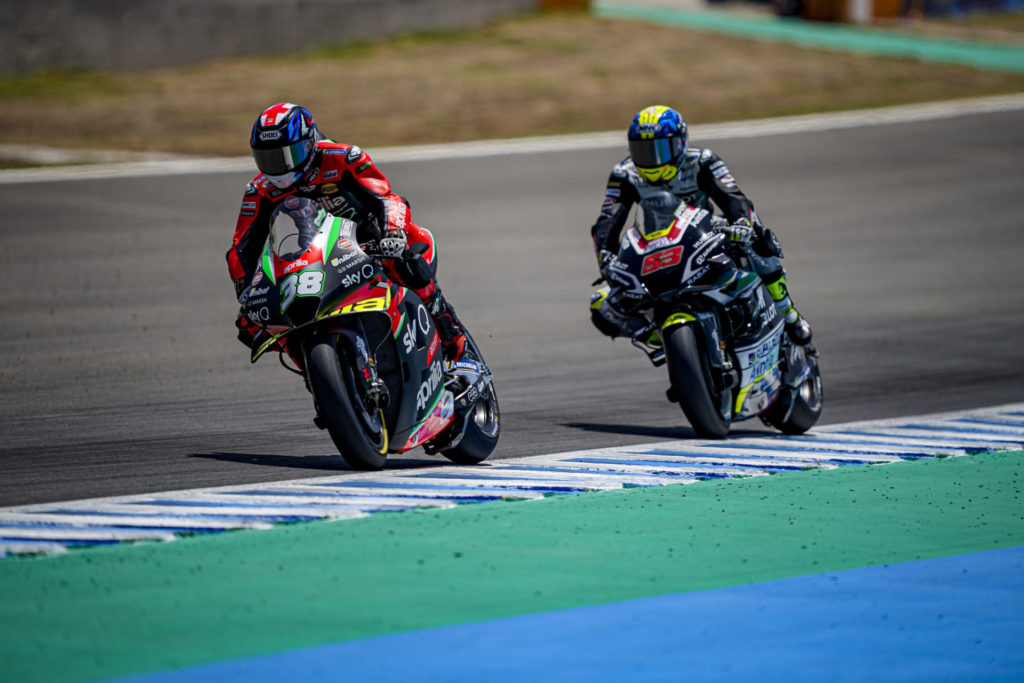 Bradley Smith (38) leading Tito Rabat (53) at Jerez. Photo courtesy Aprilia Gresini Racing.