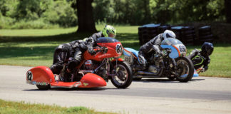 Eric Trosper and passenger Celia Trosper, riding their Loud Valve Racing Moto Guzzi, (X82) and Brad Carlisle and passenger Eddie Neubauer, riding their Sniper Monkey Racing Yamaha, (698) race into Blackhawk Farm Raceway’s Turn Five. Photo by Daniel Peter, courtesy AHRMA.