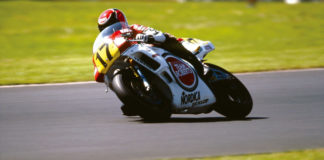 Wayne Rainey (17) at speed on a Team Roberts Yamaha in 1988. Photo courtesy Yamaha.
