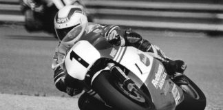 Art "The Dart" Robbins during a Canadian National race event in 1986. Robbins is leading the Feature heat race aboard an ex-McLean Racing, ex-Alan Labrosse Rothmans Honda RS500. Photo by Colin Fraser, courtesy CSBK.