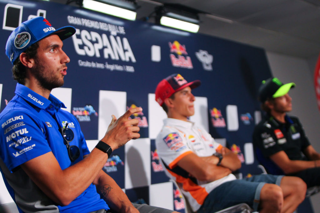 Alex Rins (left), Marc Marquez (center), Valentino Rossi (right).  Photo courtesy Dorna.