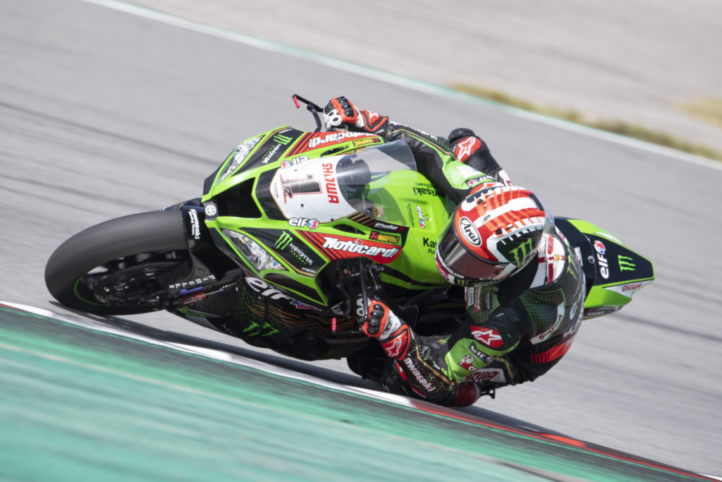 Jonathan Rea (1) during testing at Catalunya. Photo courtesy Kawasaki.