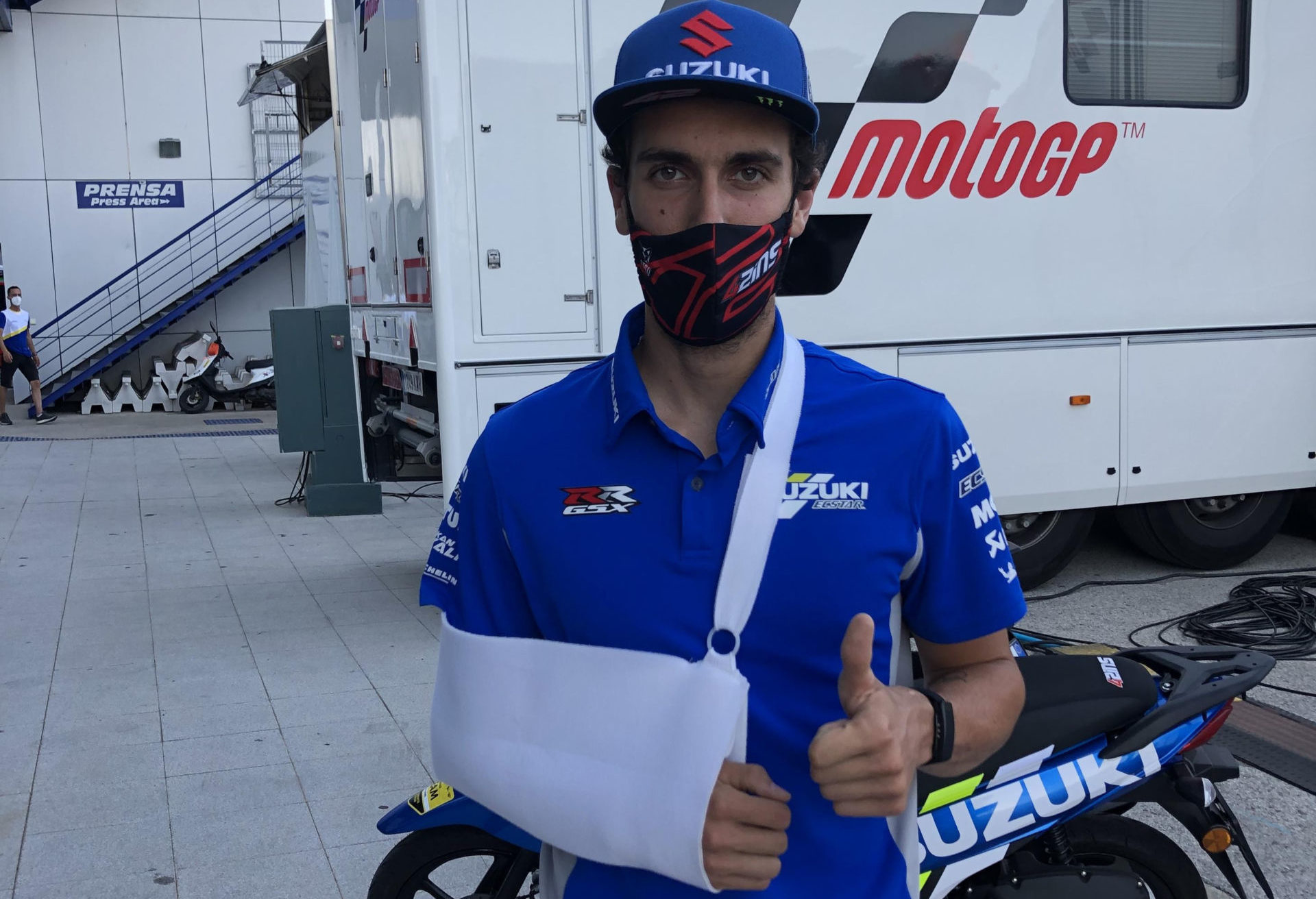 Injured Alex Rins at Jerez. Photo courtesy Team Suzuki Press Office.