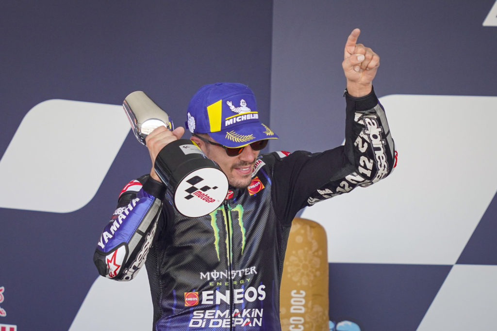 Maverick Vinales on the podium at Jerez. Photo courtesy Monster Energy Yamaha.