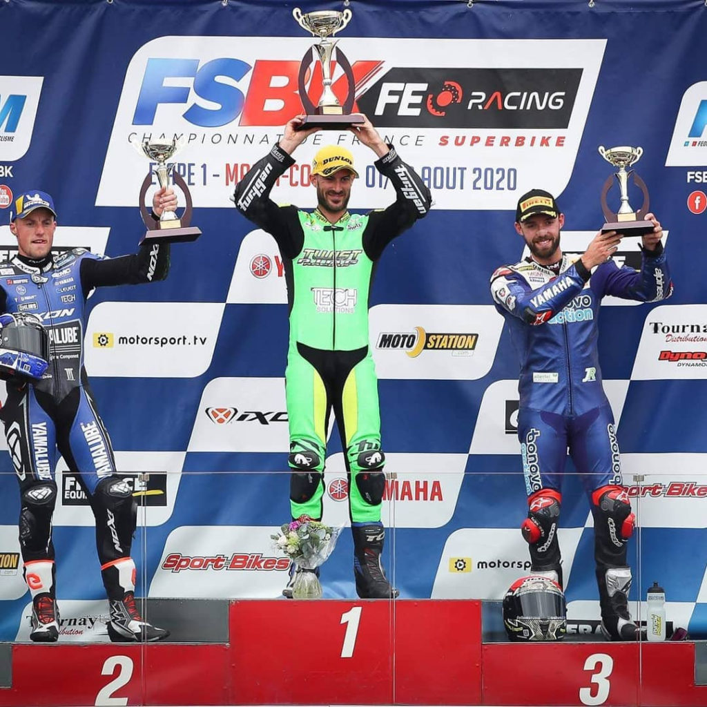 Valentin Debise (center), runner-up Mattieu Gines (left) and third-place finisher Jonas Folger on the podium at Magny-Cours. Photo courtesy Valentin Debise.