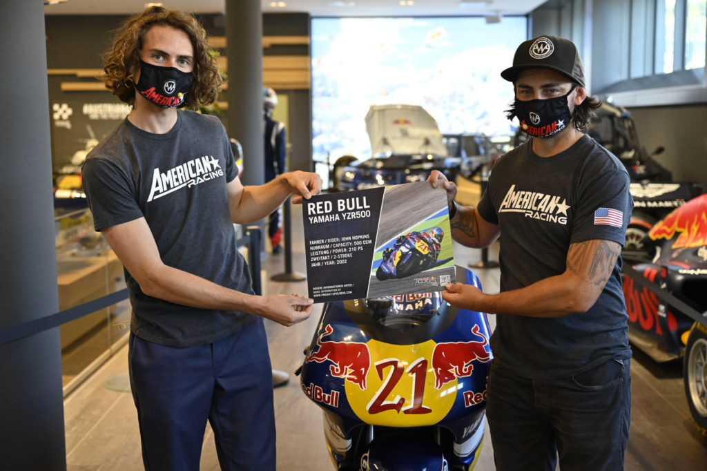John Hopkins (right) and Joe Roberts (left) with the Red Bull Yamaha YZR500 Hopkins rode during his rookie season in MotoGP. Photo courtesy Dorna.