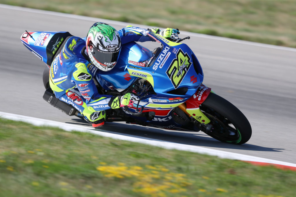 Toni Elias (24) delivered a pair of top five finishes in Pittsburgh on his GSX-R1000. Photo by Brian J. Nelson, courtesy Suzuki Motor of America, Inc.