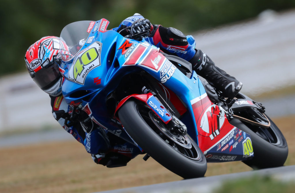 Sean Dylan Kelly (40) took a decisive victory in Supersport race two on his GSX-R600. Photo by Brian J. Nelson, courtesy Suzuki Motor of America, Inc.