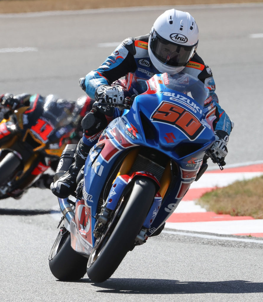 Bobby Fong (50) rode bravely, earning two impressive third-place finishes on his GSX-R1000. Photo by Brian J. Nelson, courtesy Suzuki Motor of America, Inc.