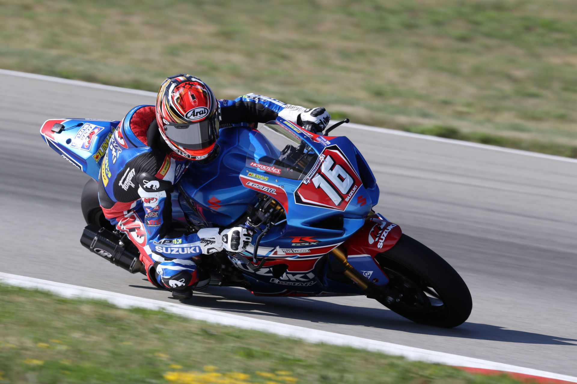 Alex Dumas (16) nearly won the first Stock 1000 race and made his Superbike debut. Photo by Brian J. Nelson, courtesy Suzuki Motor of America, Inc.