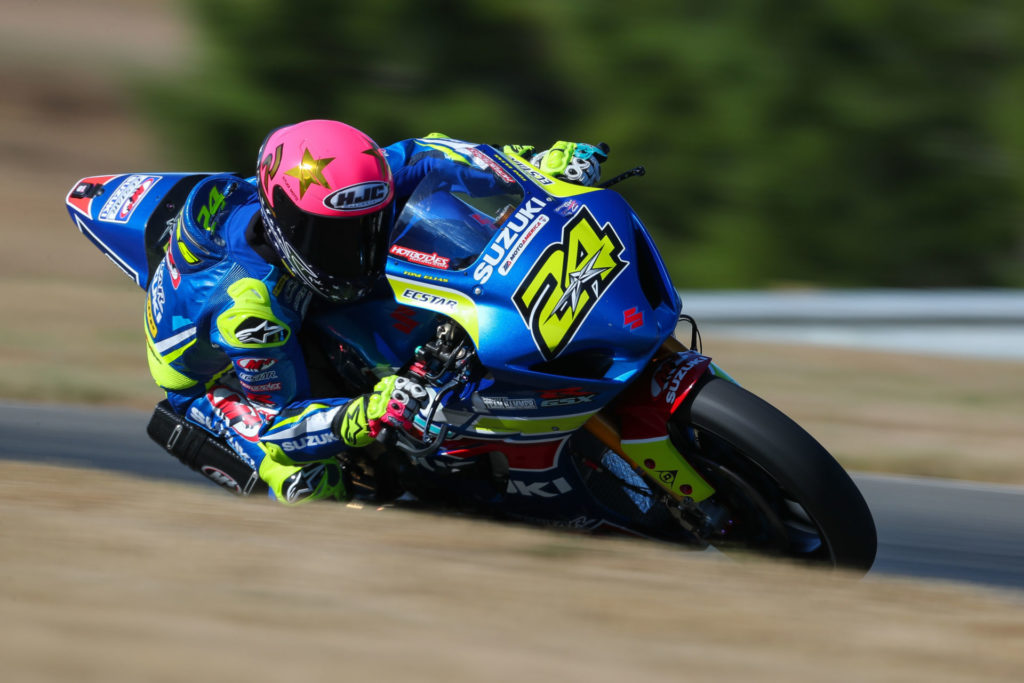 Toni Elias (24) wore a striking pink HJC helmet to commemorate the birth of his new daughter. Photo by Brian J. Nelson, courtesy Suzuki Motor of America, Inc.