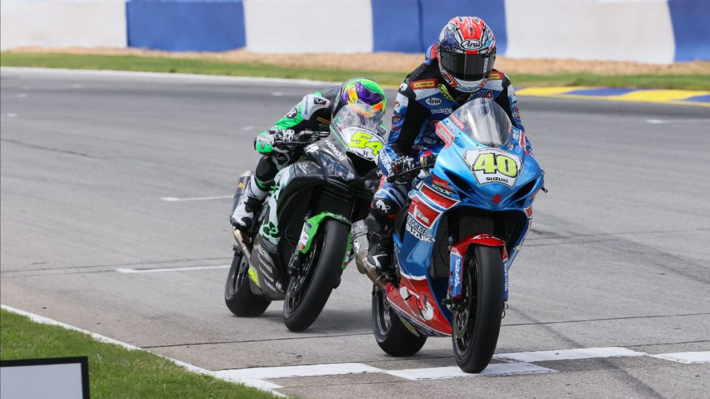 Sean Dylan Kelly (40) crosses the finish line just ahead of Richie Escalante (54) at Road Atlanta. Photo by Brian J. Nelson, courtesy MotoAmerica.