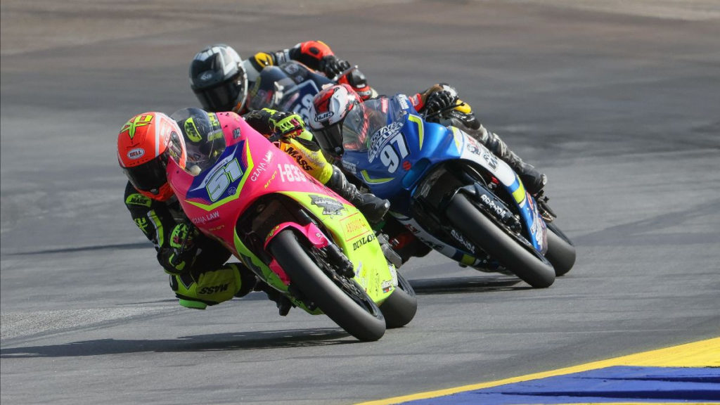 Kaleb De Keyrel (51) leads Rocco Landers (97) and Hayden Schultz (259) during the Twins Cup race at Road Atlanta. Photo by Brian J. Nelson, courtesy MotoAmerica.