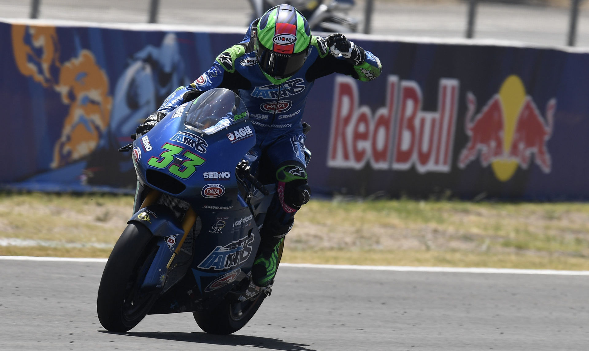 Enea Bastianini (33), after winning the Moto2 race at Jerez II. Photo courtesy Dorna.