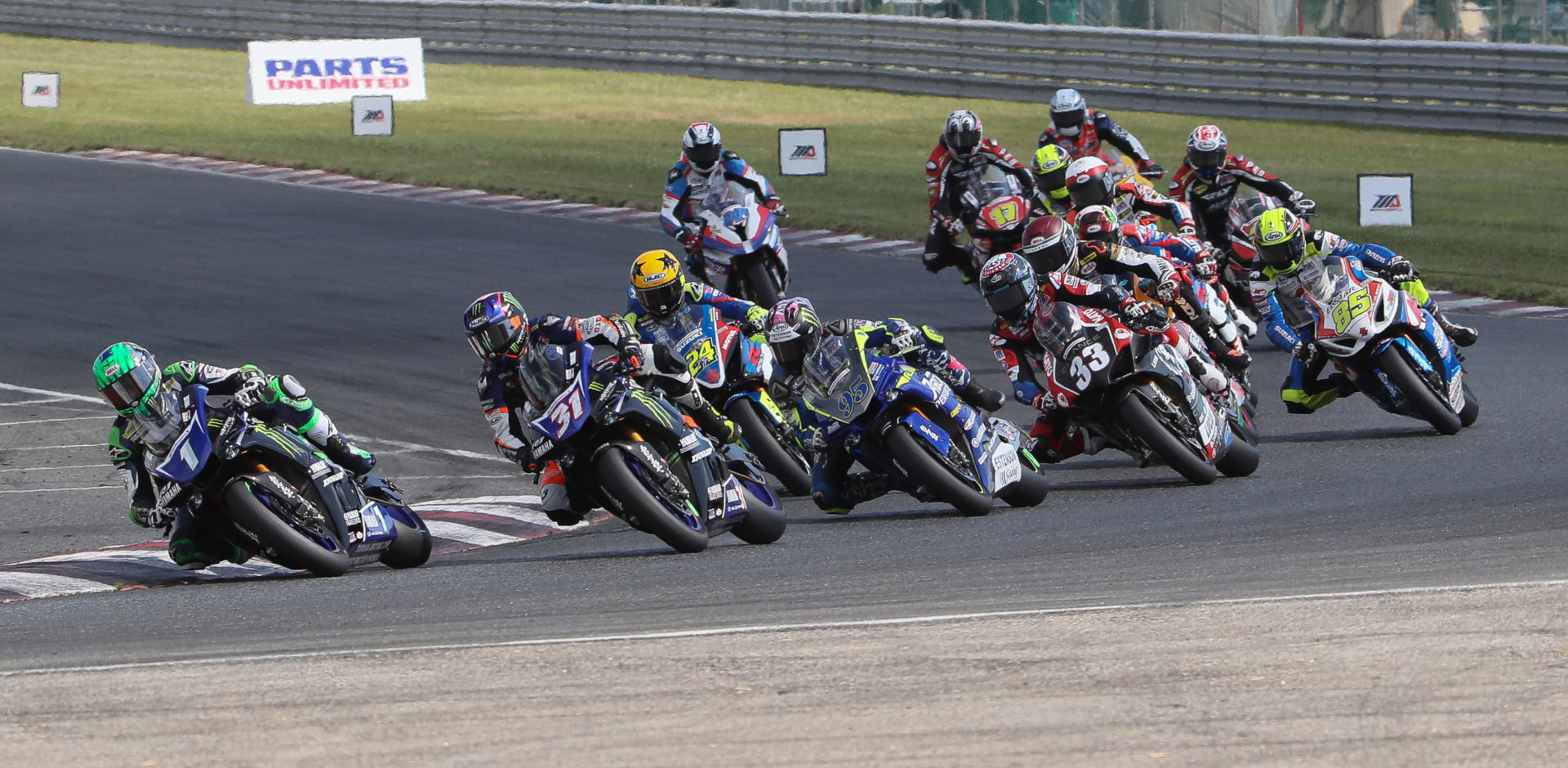 The start of MotoAmerica Superbike Race One at New Jersey Motorsports Park in 2019. Photo by Brian J. Nelson.