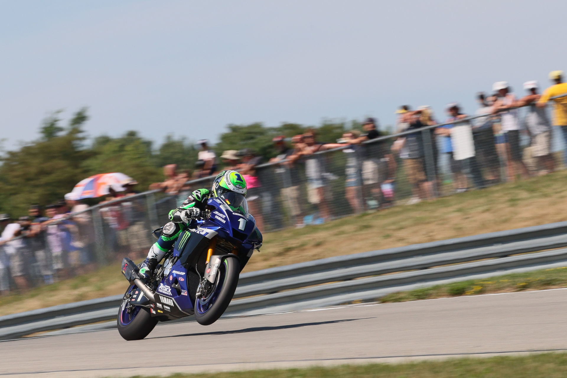 Defending MotoAmerica Superbike Champion Cameron Beaubier (1) during Race Two at PittRace. Photo by Brian J. Nelson.