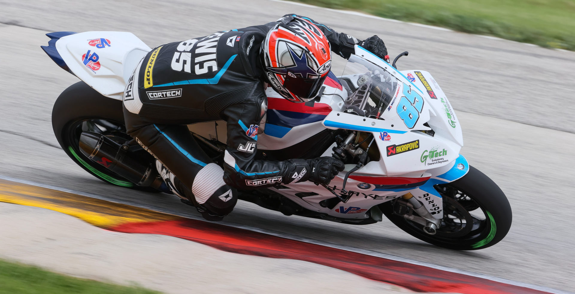 Jake Lewis (85) riding a Scheibe Racing BMW Superbike during the MotoAmerica Road America I event. Photo by Brian J. Nelson.