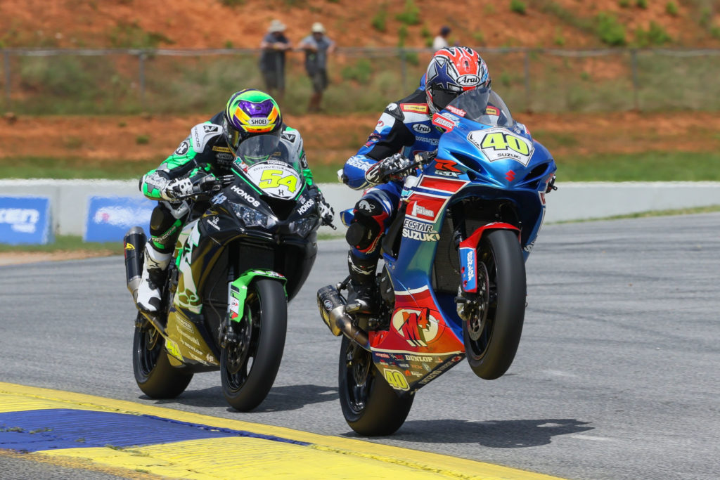 Richie Escalante (54) suffered his first loss of the season in Supersport action at Road Atlanta when Sean Dylan Kelly (40) earned his first win. Those two will go at it again at PittRace this weekend. Photo by Brian J. Nelson, courtesy MotoAmerica.