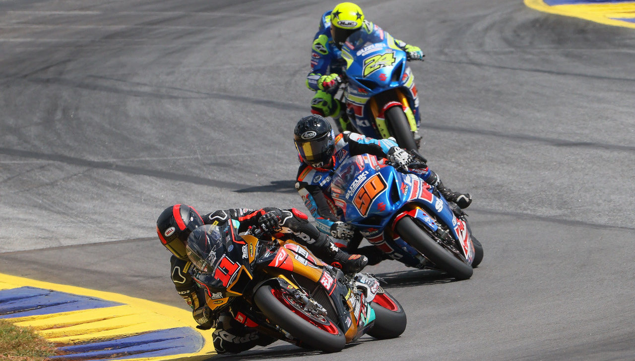 Mathew Scholtz (11), Bobby Fong (50), and Toni Elias (24) during MotoAmerica Superbike Race Two at Road Atlanta. Photo by Brian J. Nelson, courtesy MotoAmerica.