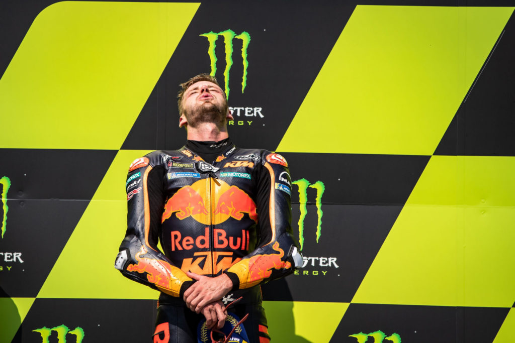 Brad Binder on the podium at Brno. Photo courtesy Red Bull KTM.