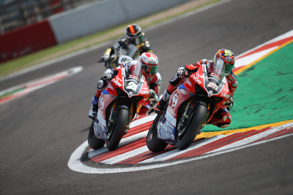 VisionTrack Ducati riders Josh Brookes (25) and Christian Iddon (21) in action at Donington Park. Photo courtesy Paul Bird Motorsport.